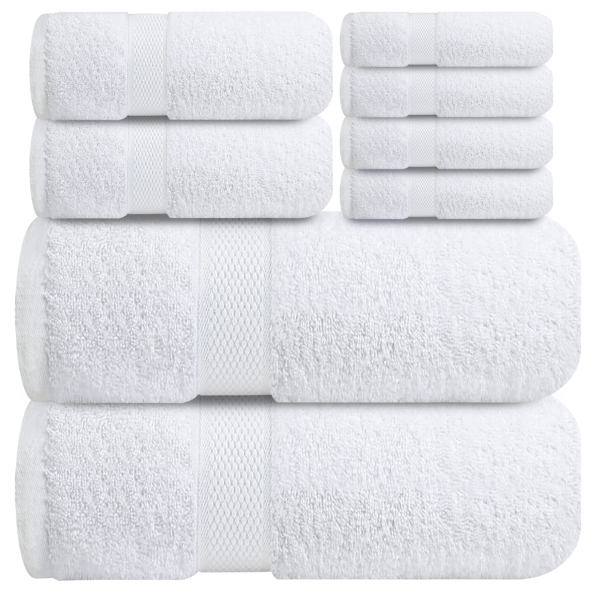 Premium Bath Towel Set 8-Piece (2 Bath Towels, 2 Hand Towels, 4 Washcloths), Super Absorbent Soft 100% Ring-Spun Cotton for Spa, Gym, Hotel & Bathroom - Brilliant White