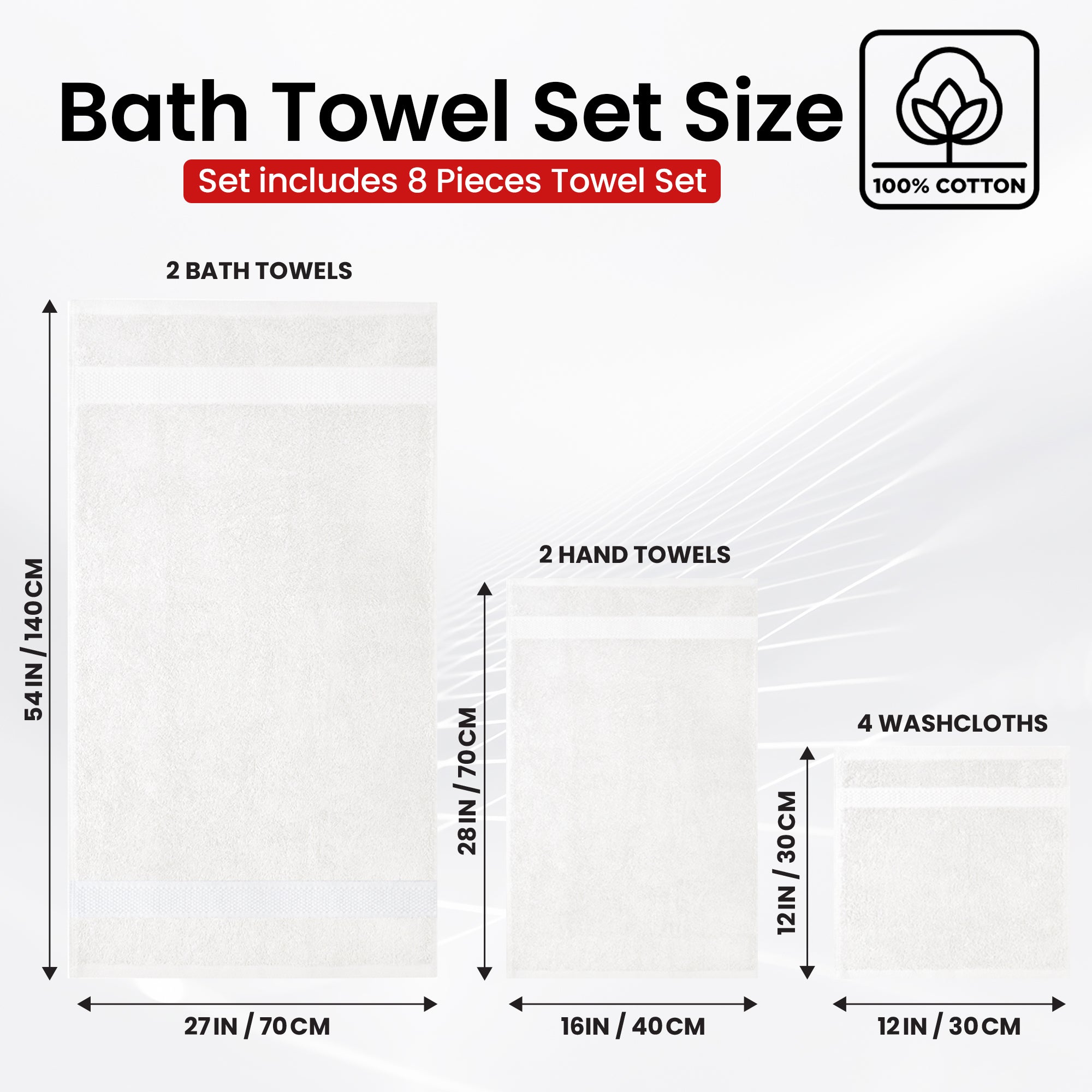 Premium Bath Towel Set 8-Piece (2 Bath Towels, 2 Hand Towels, 4 Washcloths), Super Absorbent Soft 100% Ring-Spun Cotton for Spa, Gym, Hotel & Bathroom - Shadow Grey