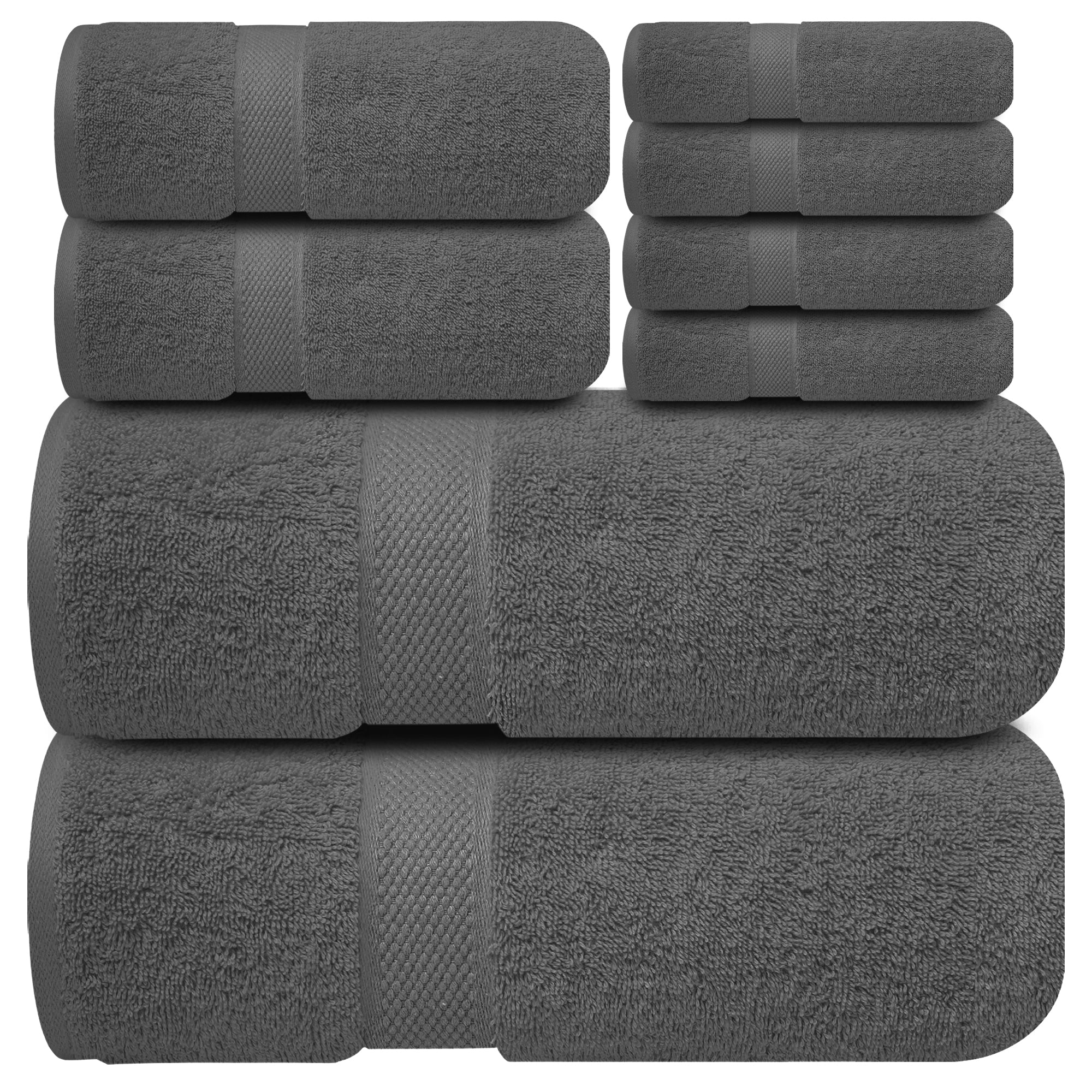 Premium Bath Towel Set 8-Piece (2 Bath Towels, 2 Hand Towels, 4 Washcloths), Super Absorbent Soft 100% Ring-Spun Cotton for Spa, Gym, Hotel & Bathroom - Shadow Grey