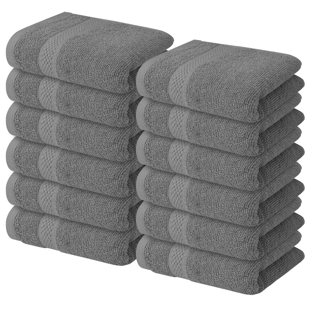 Washcloths 100% Cotton 13x13 Hotel Quality Face Towel, Grey-White 12/Pack